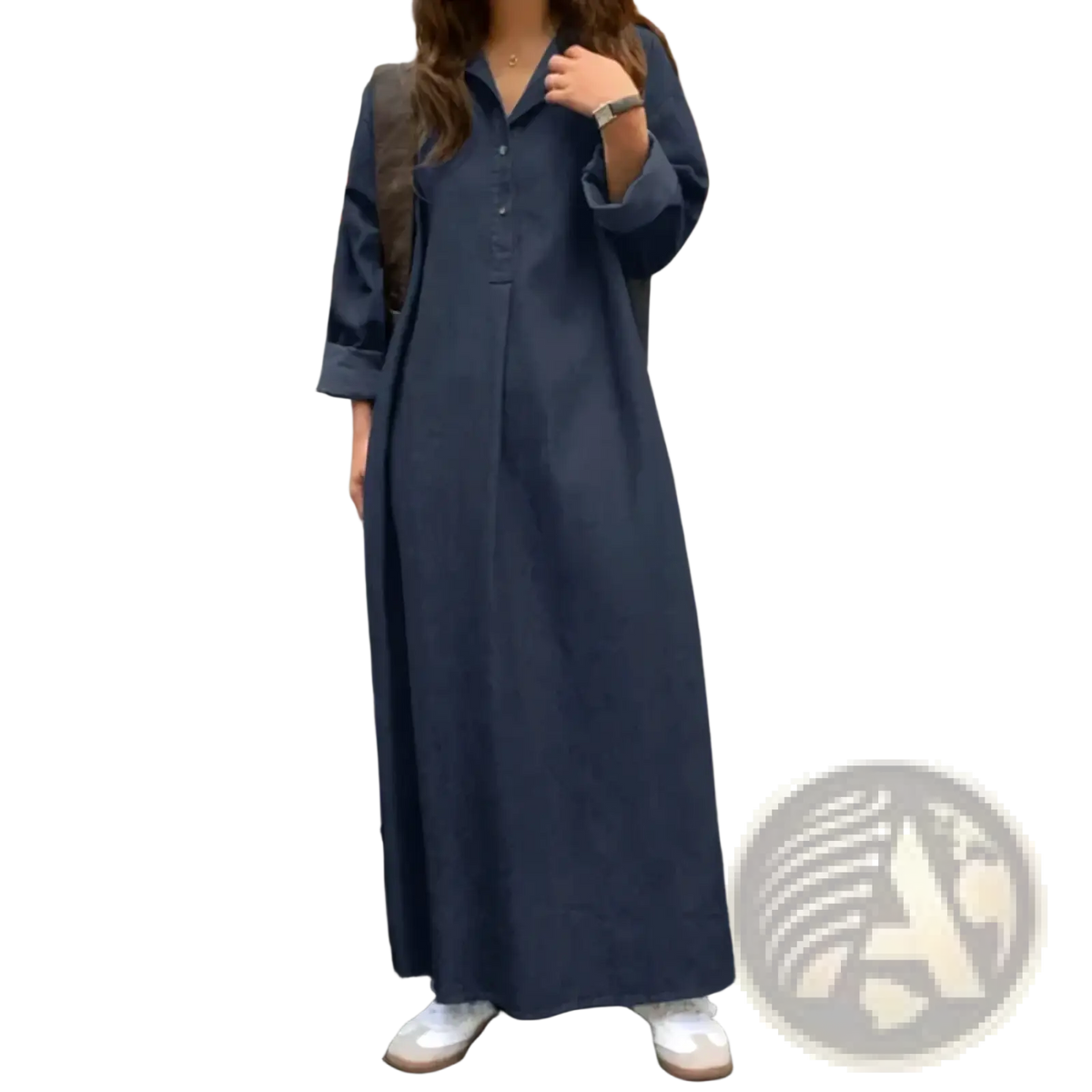 Navy blue denim maxi dress with oversized long sleeves and relaxed fit for casual wear shown from the back side