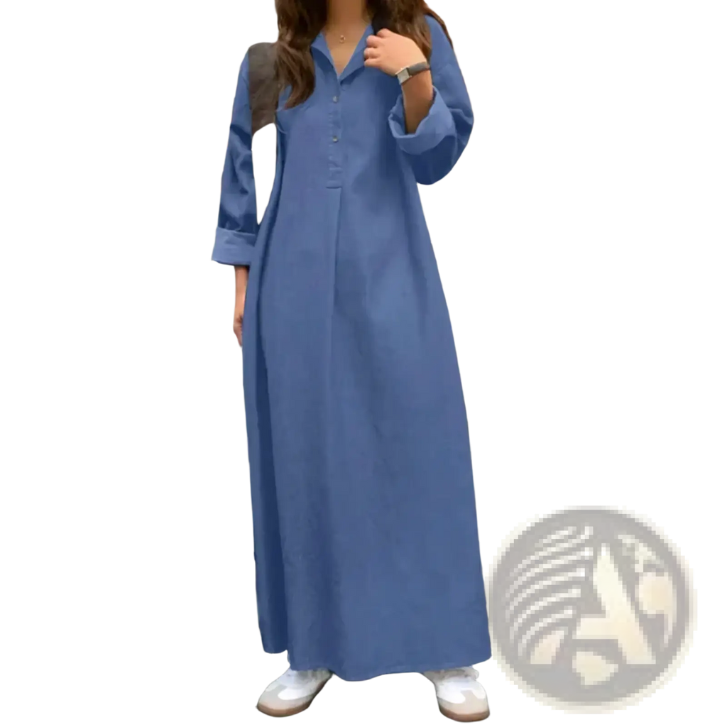 A long solid navy blue cotton denim maxi dress with button front and rolled up long sleeves for casual wear