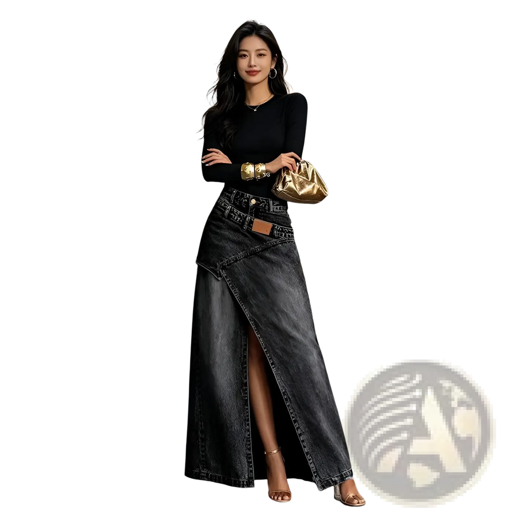 Black denim maxi skirt with high waist asymmetrical front slit in a stylish and elegant design