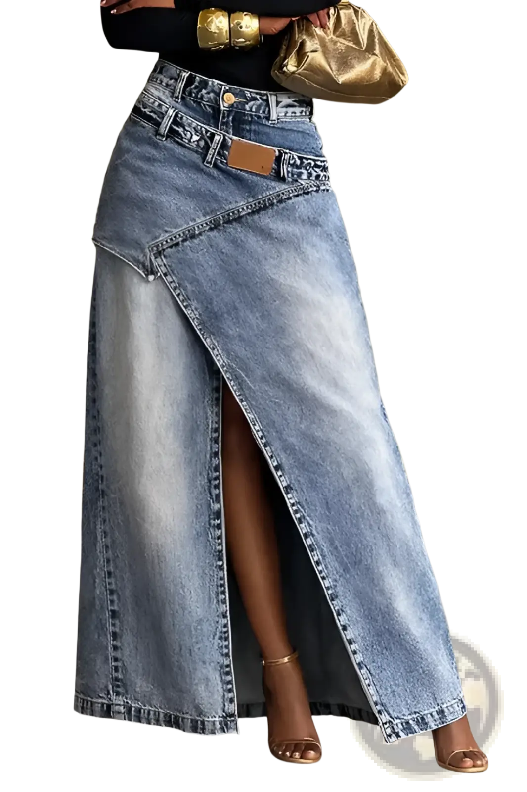 A high waisted denim maxi skirt in medium blue wash with asymmetrical front slit design