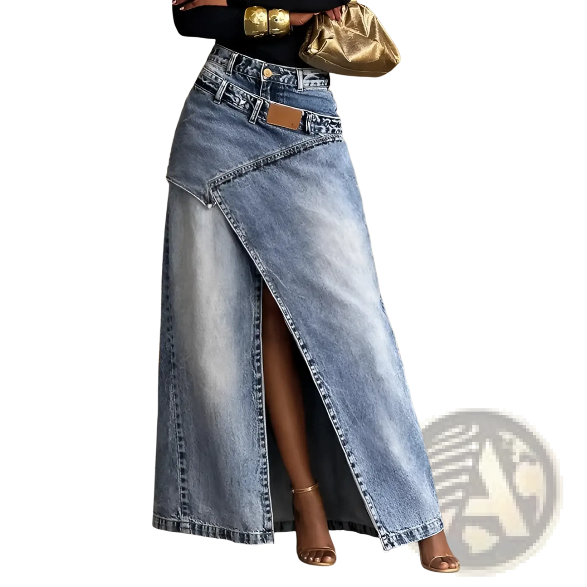 A high-waisted denim maxi skirt with a front slit and asymmetrical design in medium-blue washed fabric