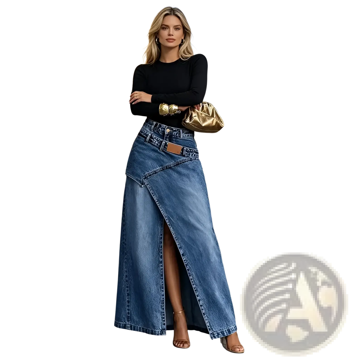 Blue denim high waisted maxi skirt with asymmetrical front panel design and high slit for stylish casual wear