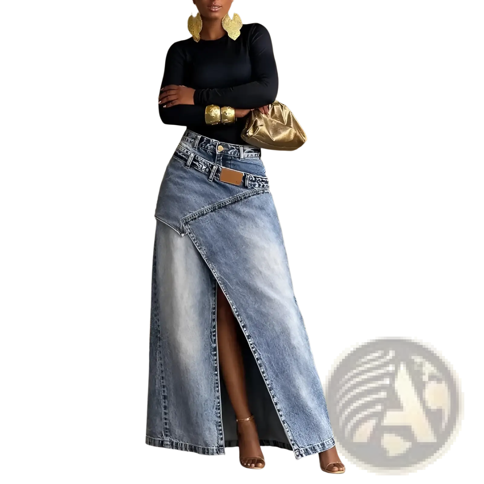 A high-waisted denim maxi skirt with an asymmetrical front slit in medium-blue washed fabric