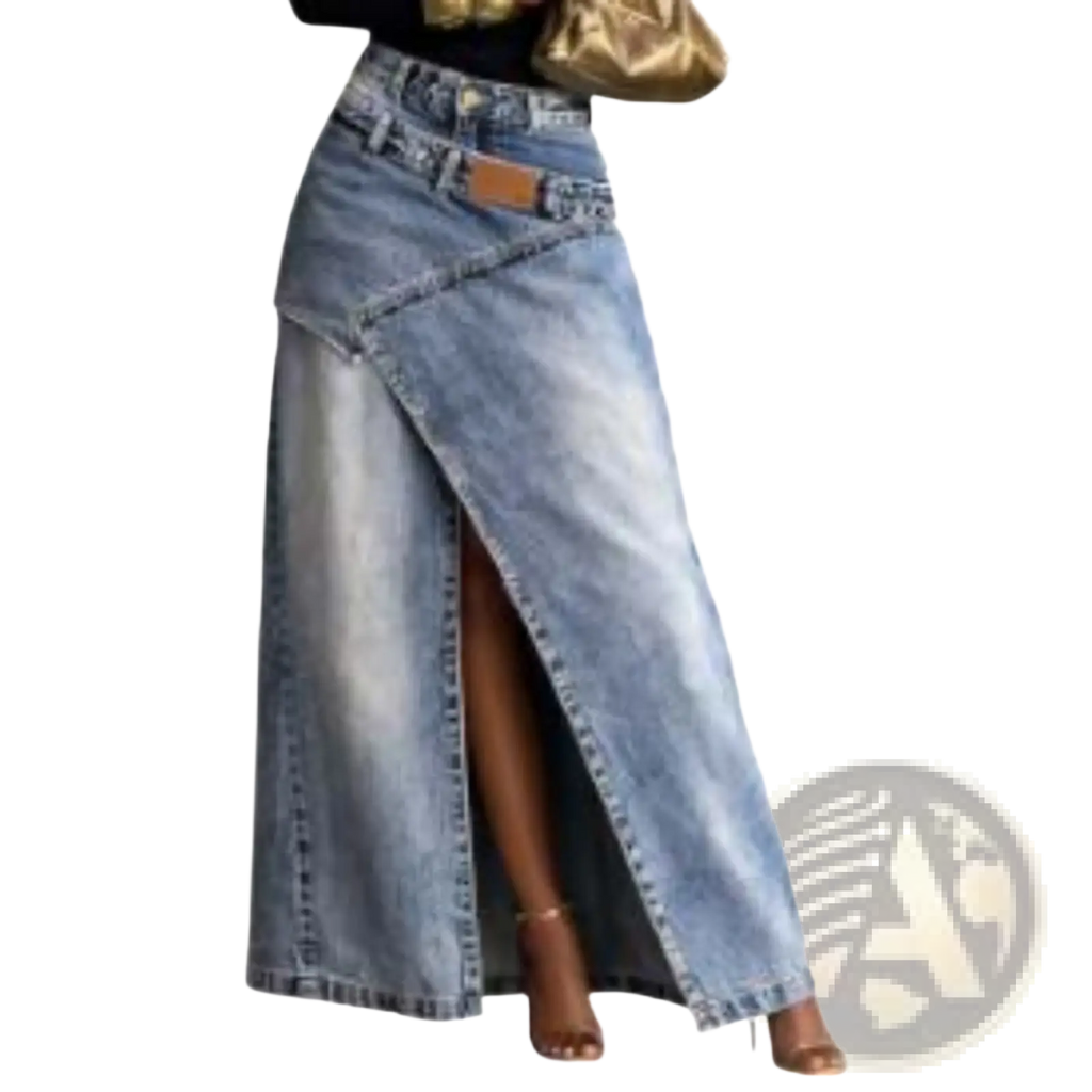Light-wash denim maxi skirt with high waist front slit and asymmetrical design for stylish casual wear