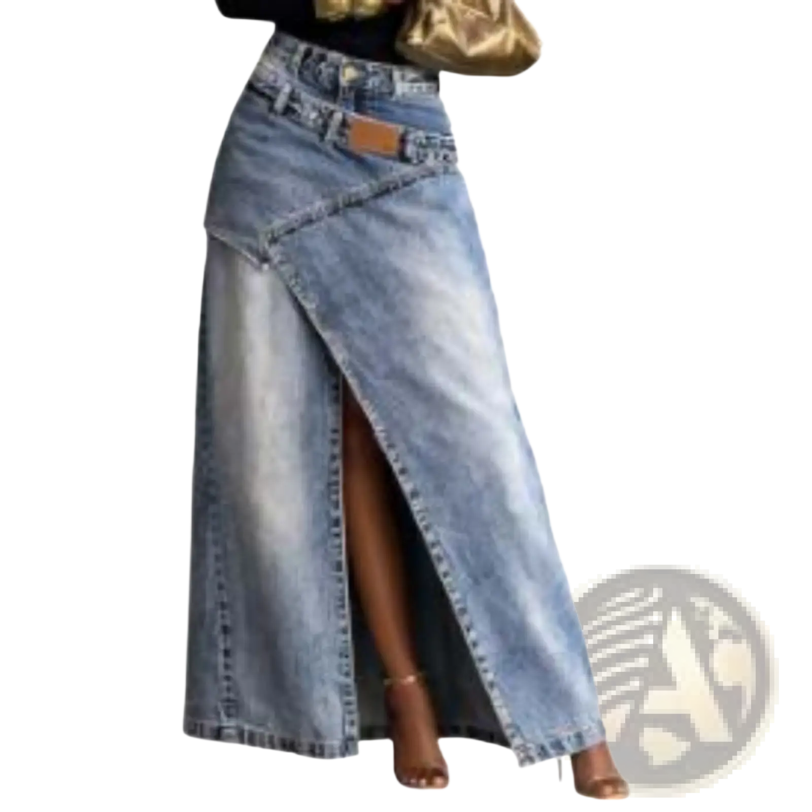 Light-wash denim maxi skirt with high waist front slit and asymmetrical design for stylish casual wear