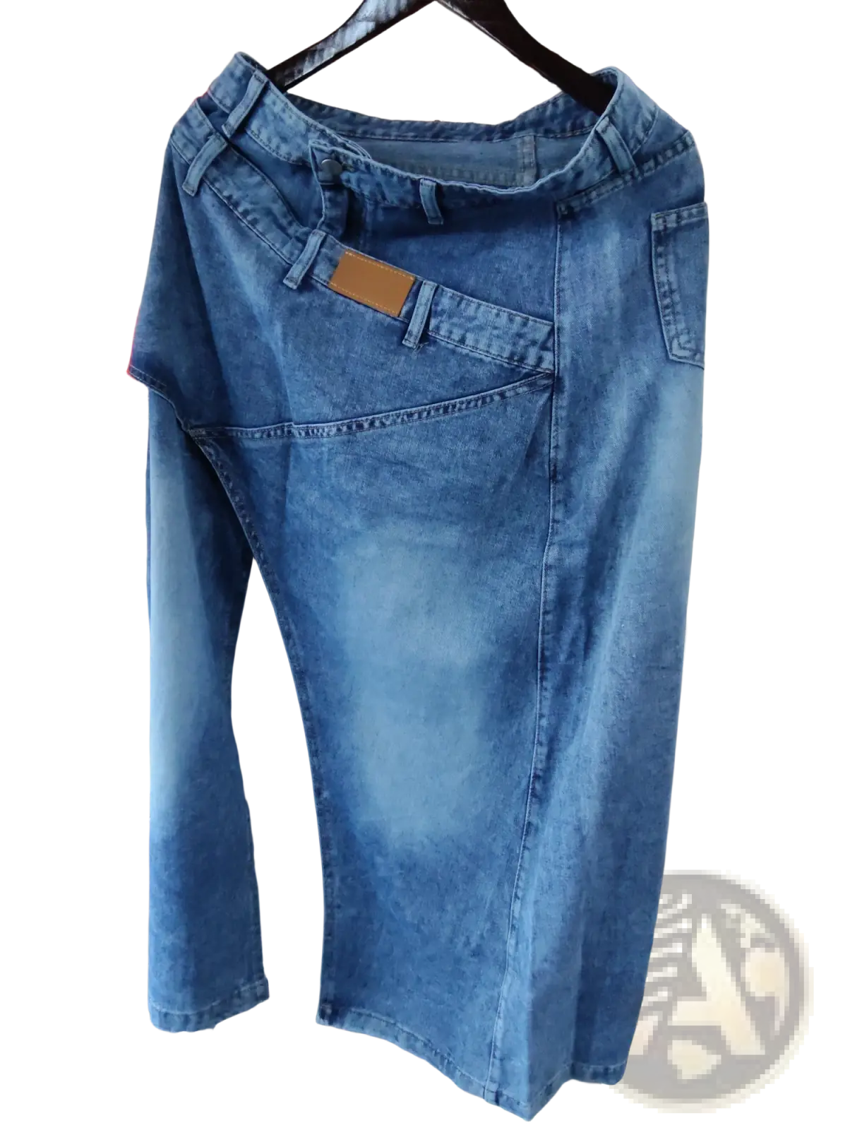 Denim maxi skirt high waisted asymmetrical slit in blue denim with a brown leather patch on the front pocket