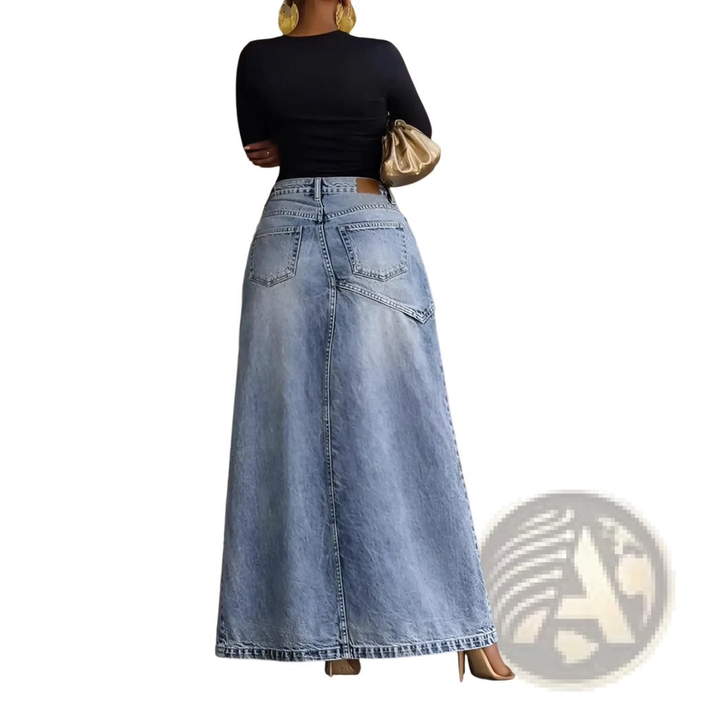 Back view of a long light-wash denim maxi skirt with classic pockets and a straight hemline high waisted style
