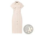 A sleek cream-colored denim midi dress with short sleeves and two front chest pockets for casual streetwear