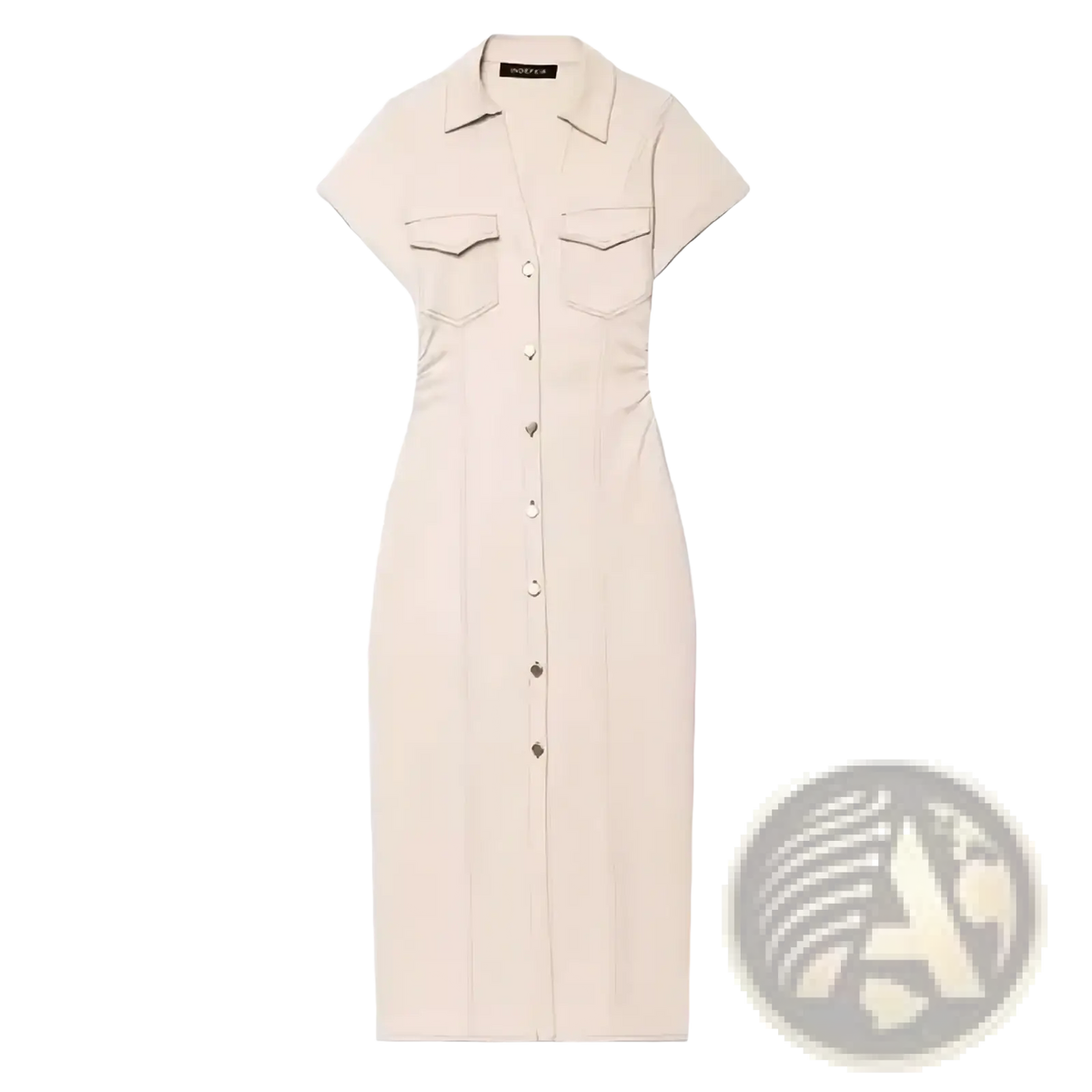 A sleek cream-colored denim midi dress with short sleeves and two front chest pockets for casual streetwear