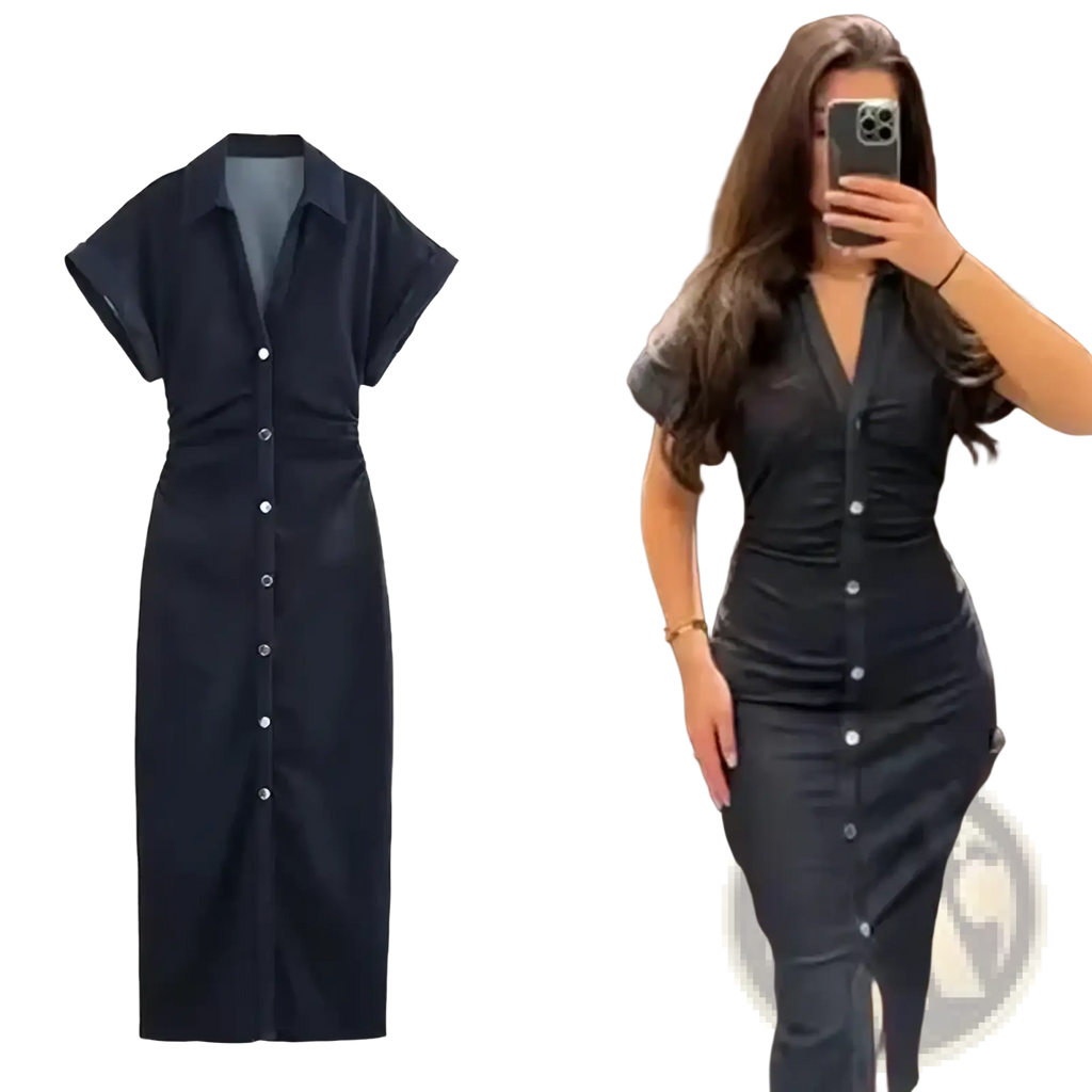 Black button-down denim midi dress for women with short sleeves and a fitted silhouette for casual streetwear