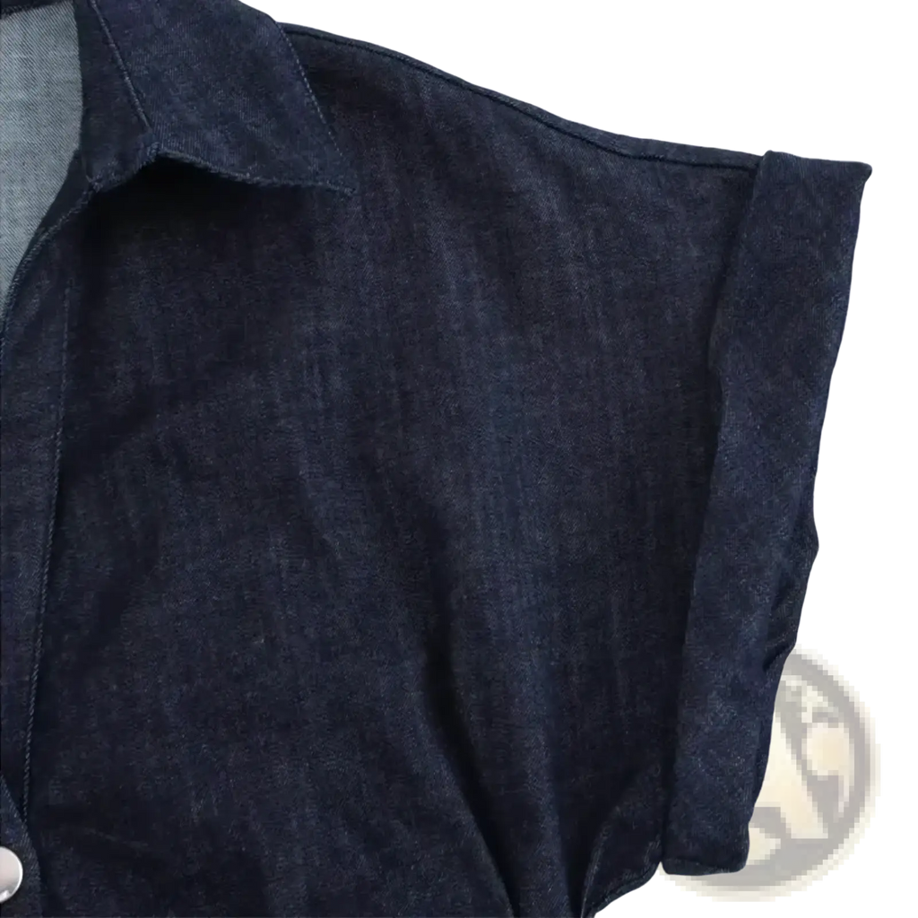 Dark blue denim jacket with classic collar and visible stitching paired with a casual denim midi dress for women
