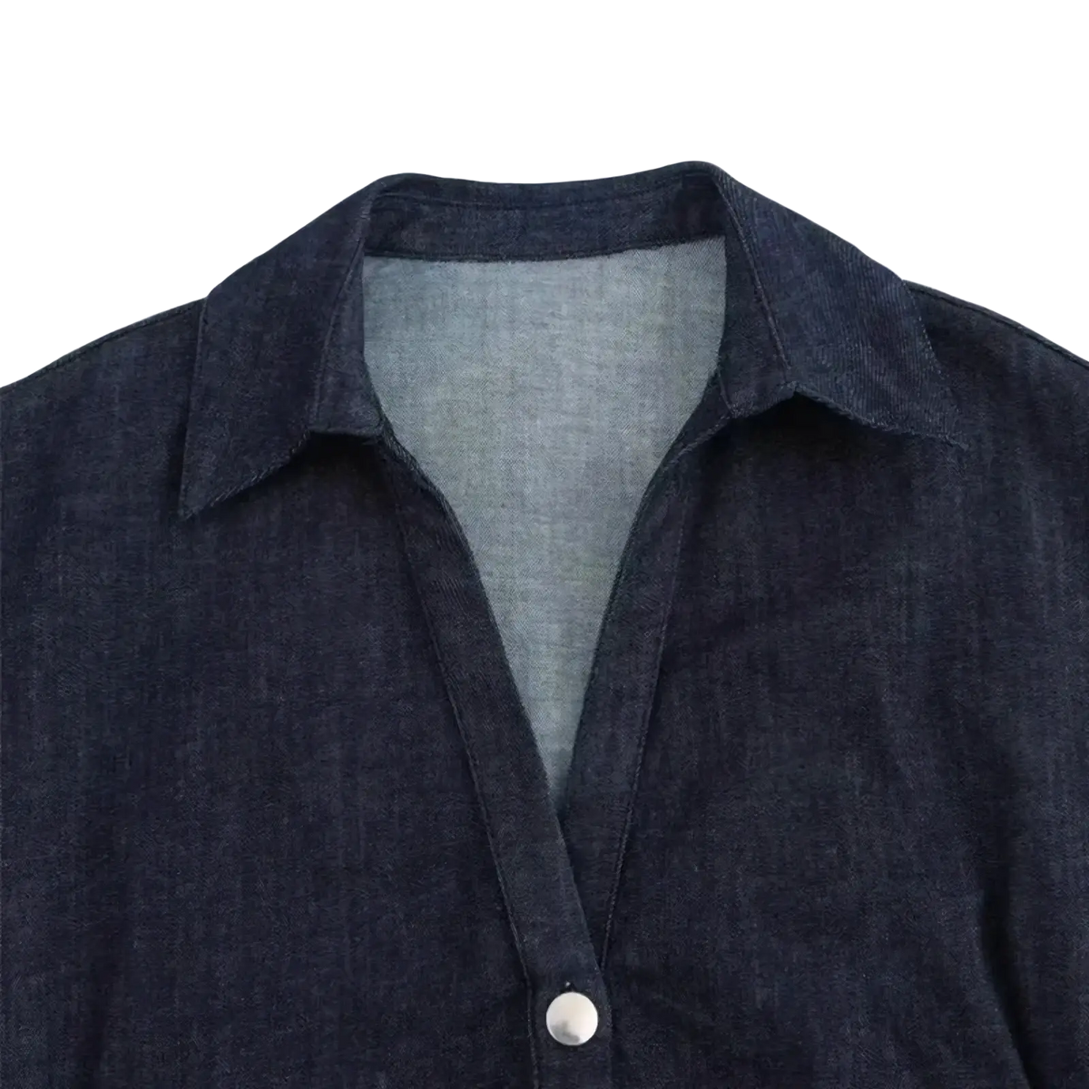 Denim midi dress women casual short sleeve streetwear in dark blue denim with light gray inner lining and silver collar button