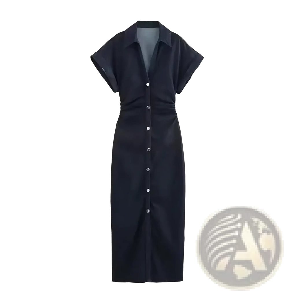 A sleek black denim midi dress for women with short sleeves and a cinched waist perfect for casual streetwear