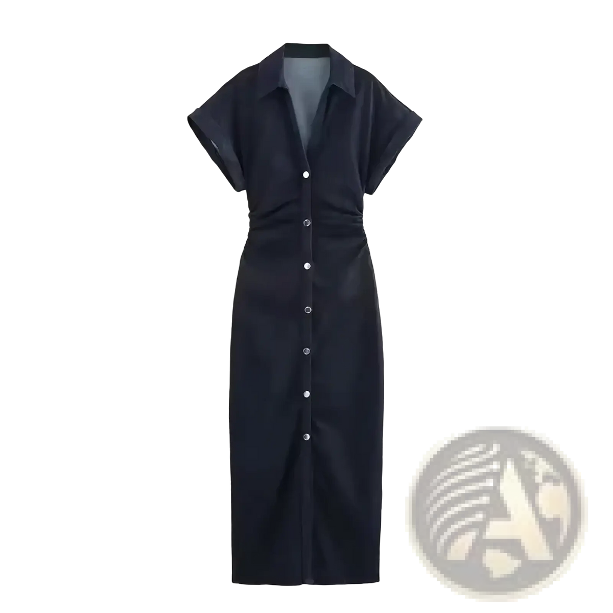 A sleek black denim midi dress for women with short sleeves and a cinched waist perfect for casual streetwear