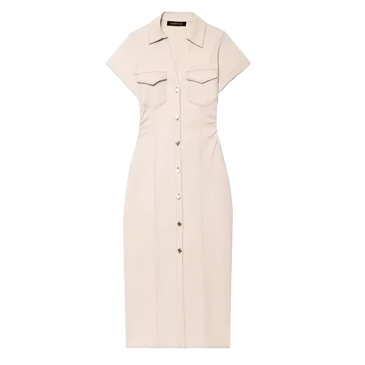 A sleek cream-colored denim midi dress with short sleeves and two front chest pockets for casual streetwear