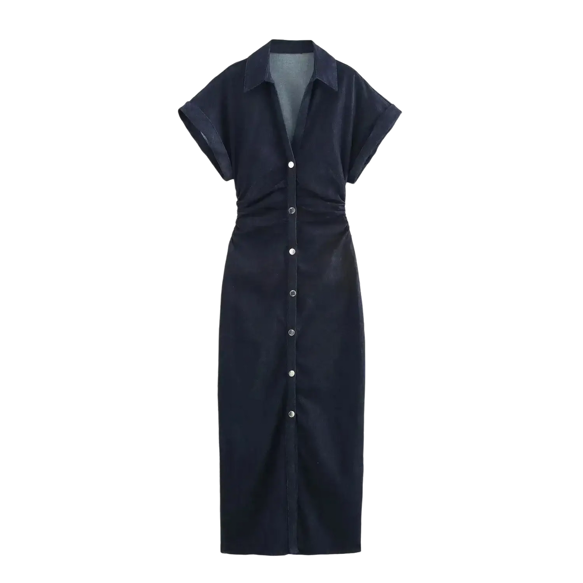 A sleek navy blue denim midi dress for women with short sleeves and a subtle cinched waist for casual streetwear