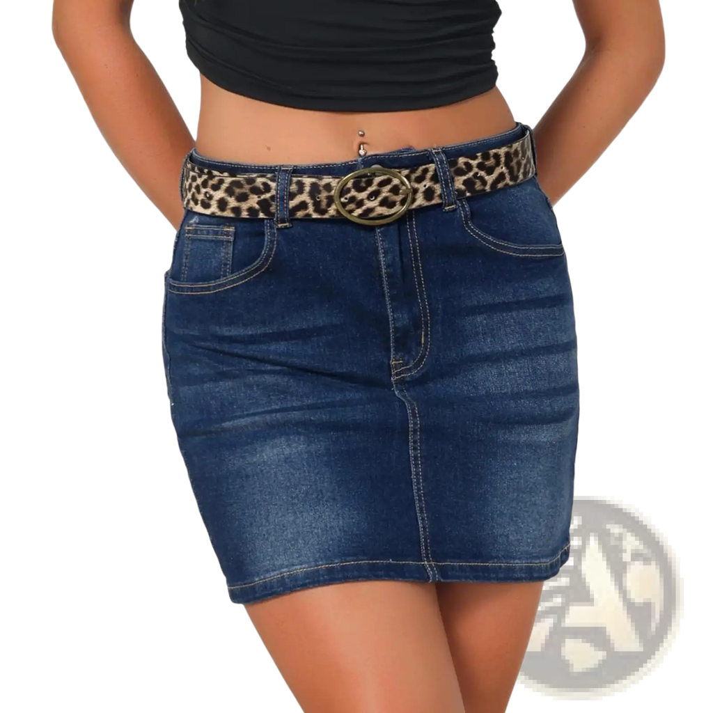 Blue denim mini skirt with a leopard print belt and gold toned buckle showcasing the front view