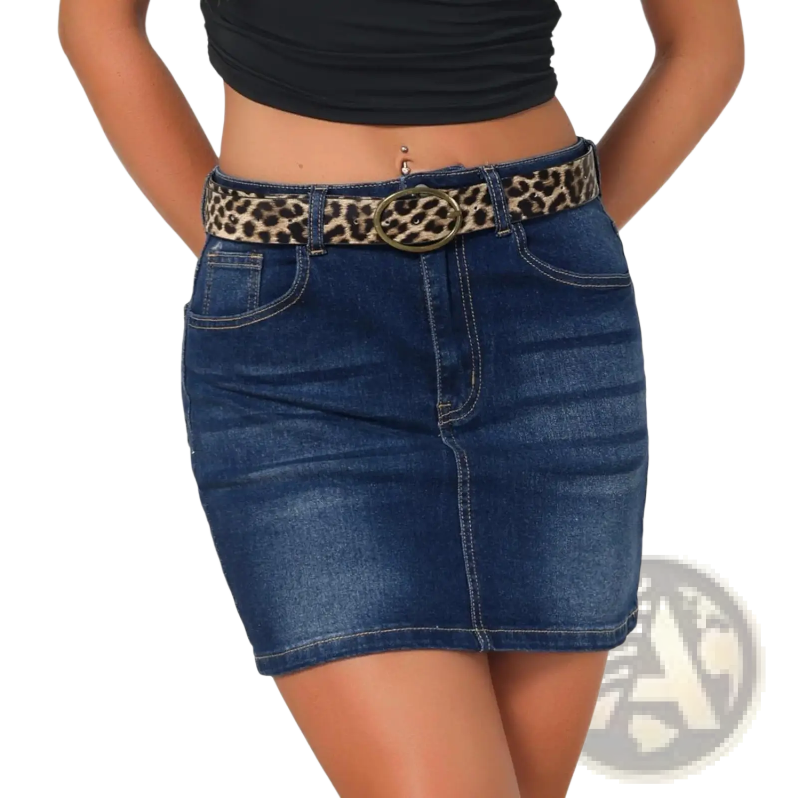 Blue denim mini skirt with a leopard print belt and gold toned buckle showcasing the front view