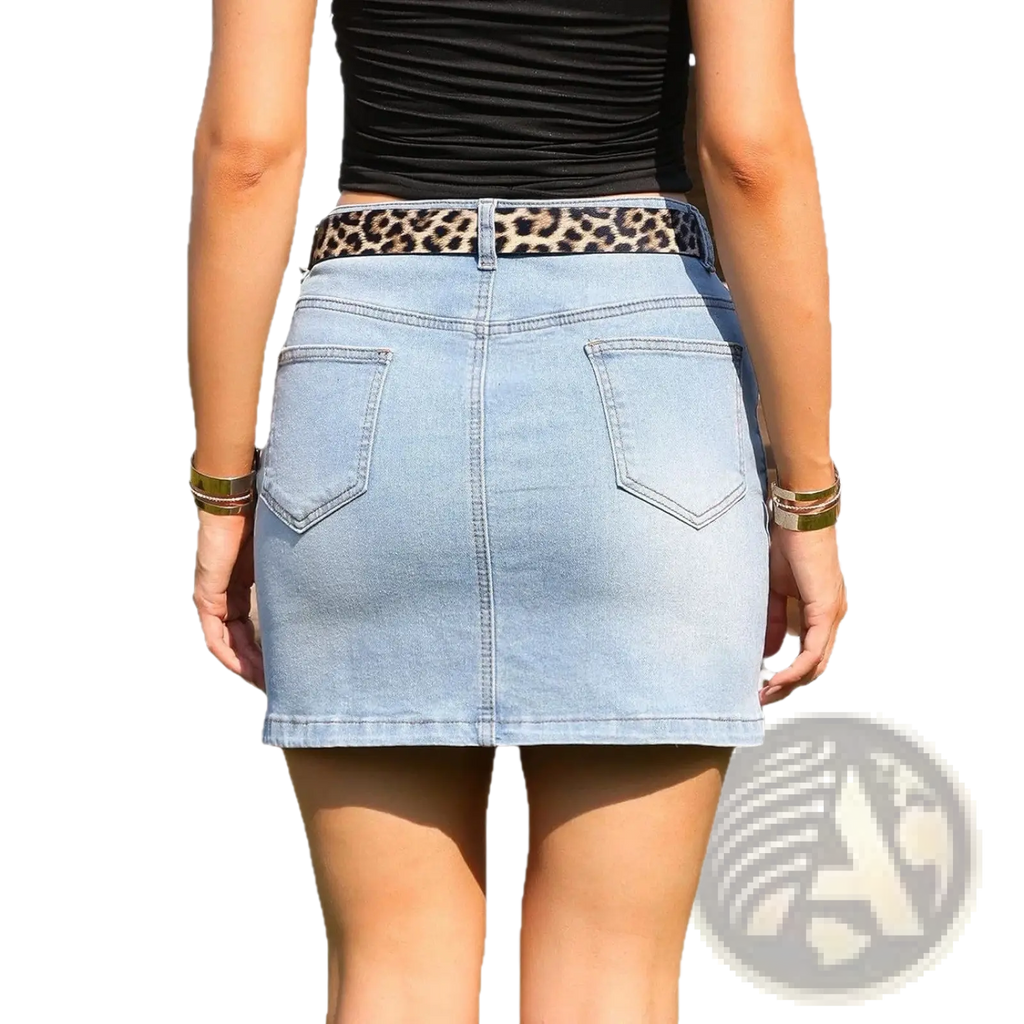 Denim mini skirt in light wash with a leopard print belt designed for casual wear