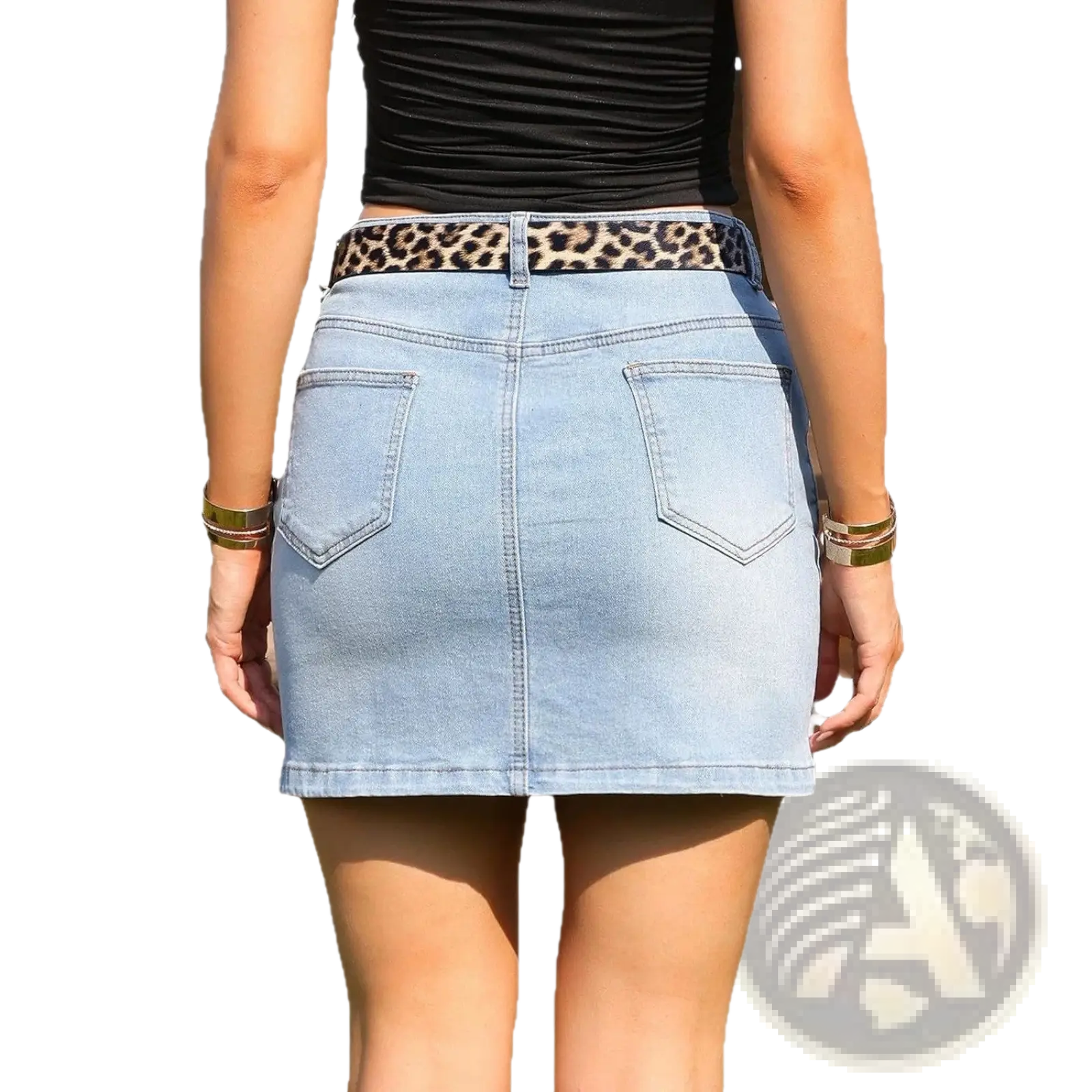 Denim mini skirt in light wash with a leopard print belt designed for casual wear