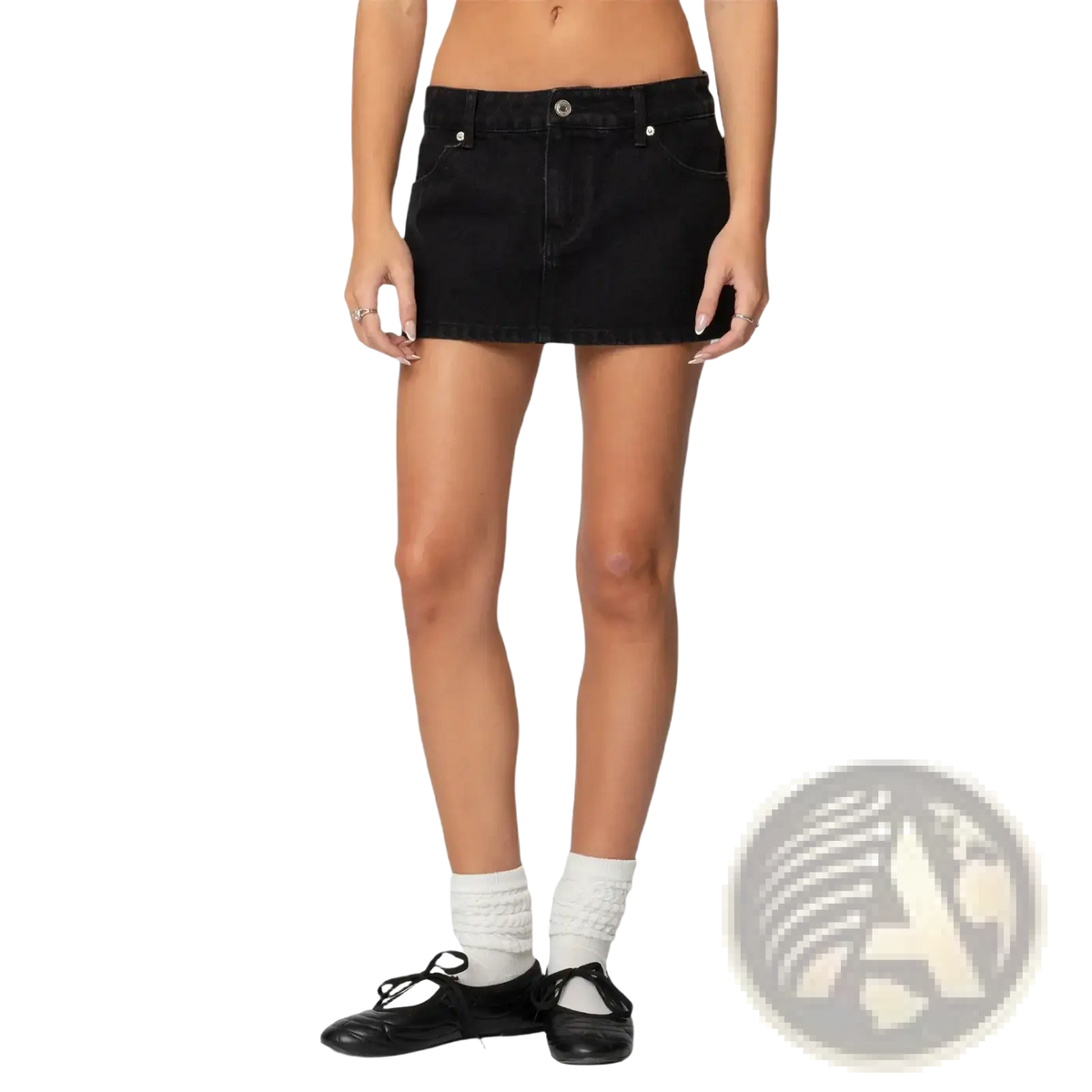 Black denim mini skirt with low rise casual fit, classic five-pocket design, and silver-toned hardware detailing