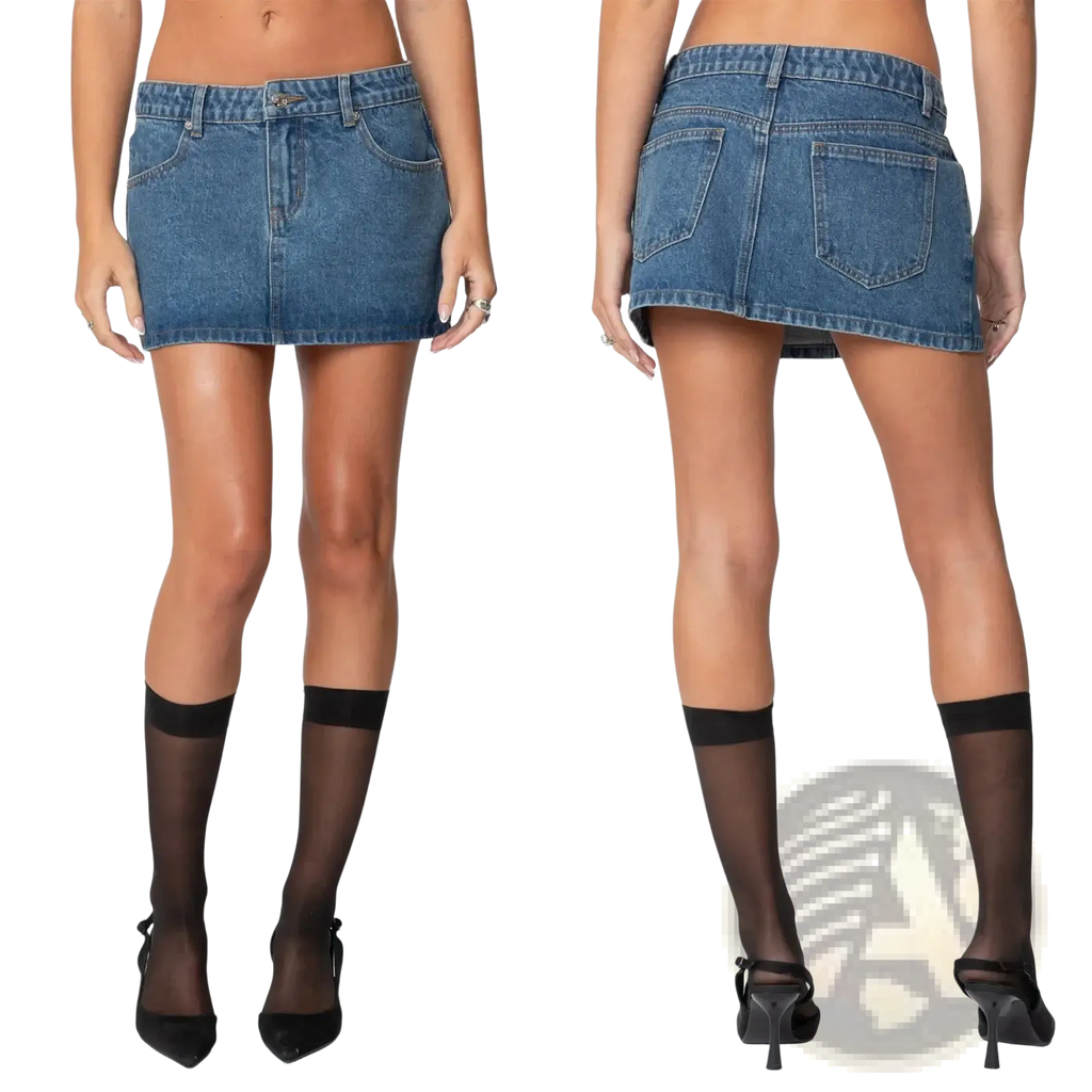 Blue denim mini skirt with front and back pockets low rise casual denim skirt shown from the back side