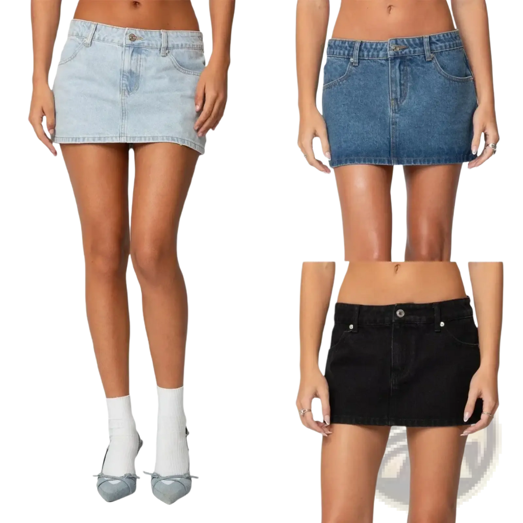Denim mini skirt low rise casual denim skirt in light medium and dark washes with classic five pocket design