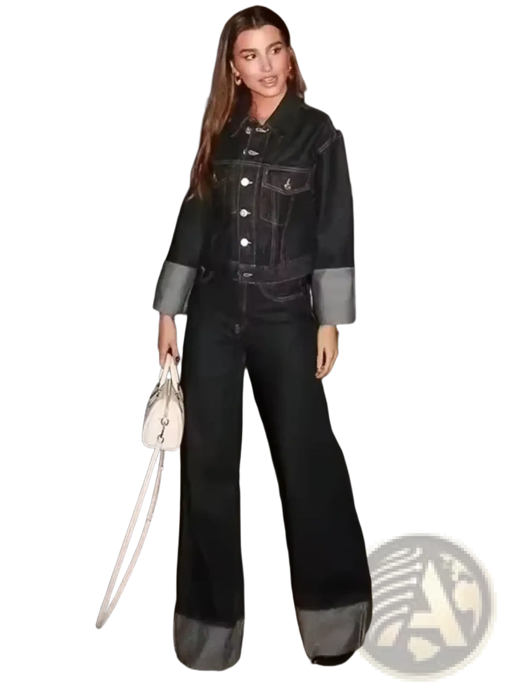 Black denim jumpsuit with button front and contrasting gray cuffs and hem from vintage wide leg jeans crop jacket set