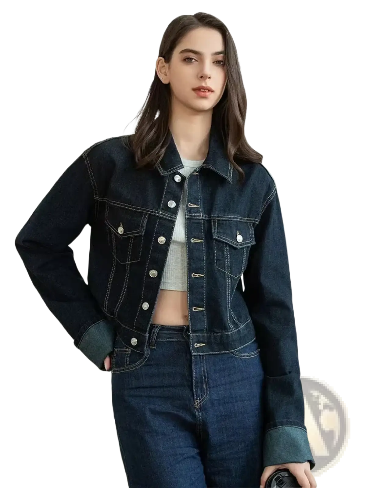 Dark blue denim crop jacket with silver buttons and contrasting green cuffs from a vintage wide leg jeans outfit set