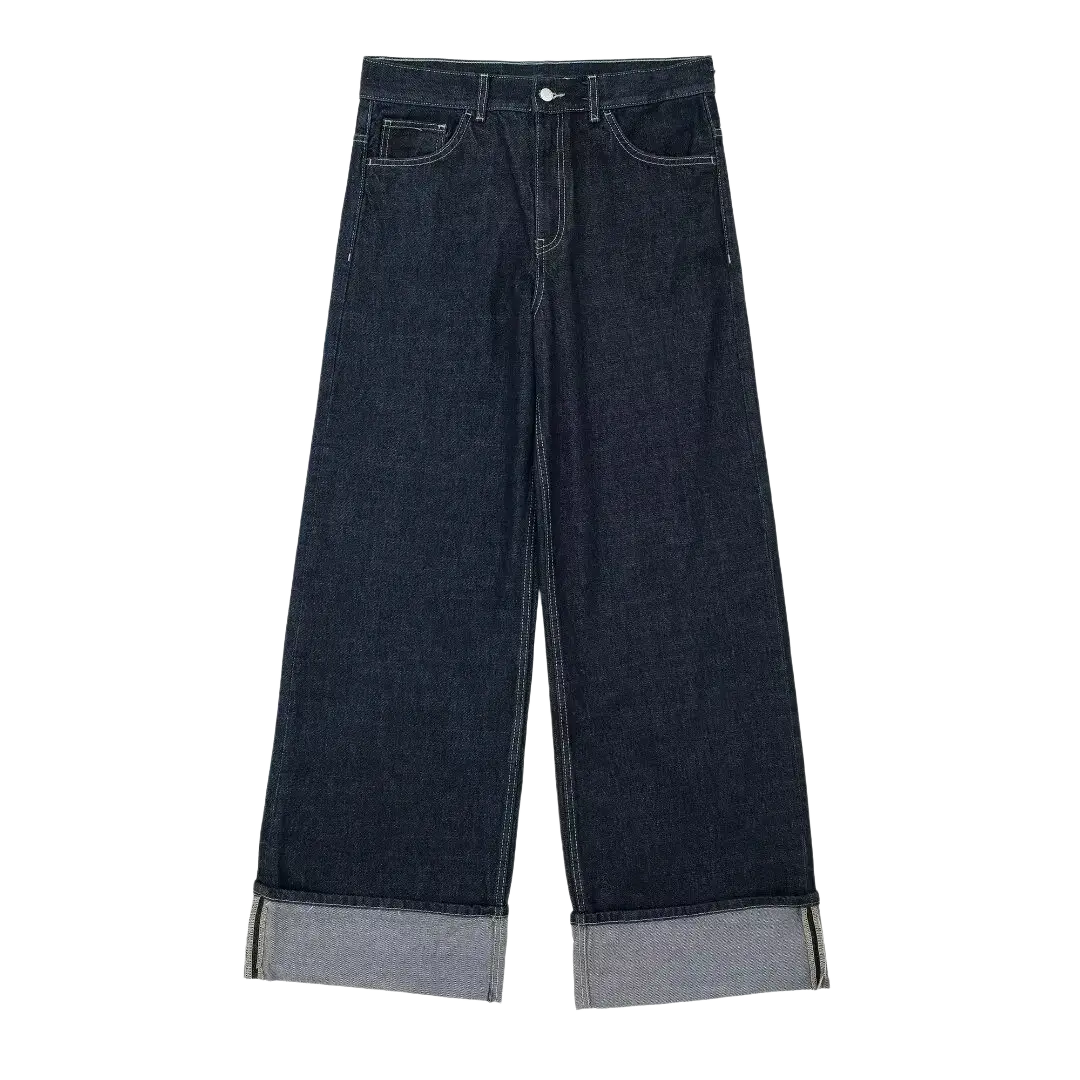 Dark indigo wide-leg denim jeans with rolled cuffs showing lighter inner fabric from denim outfit set vintage crop jacket