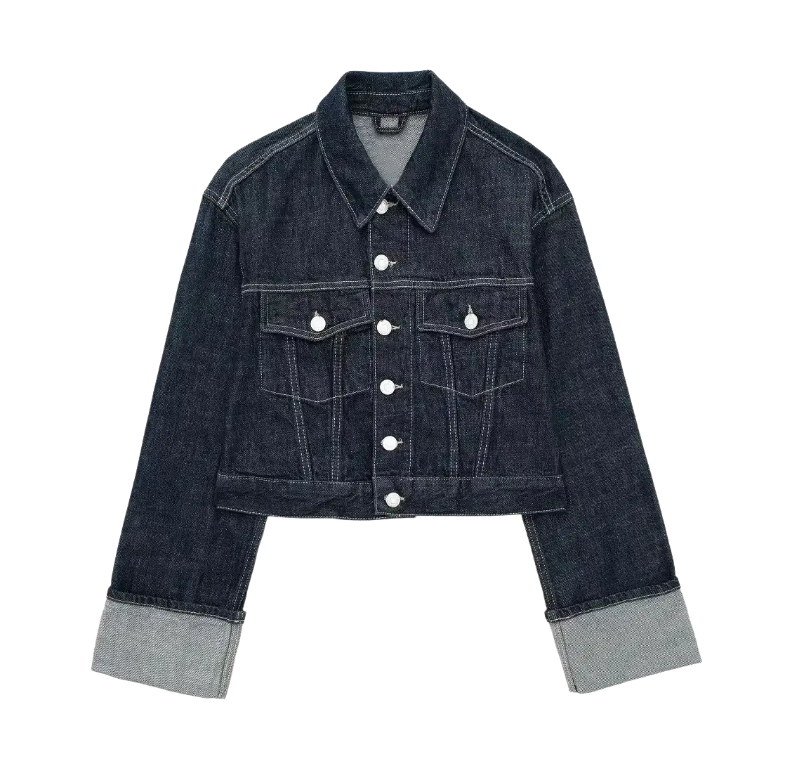 Dark indigo denim cropped jacket with light gray cuffs and white buttons in a vintage wide leg jeans outfit set