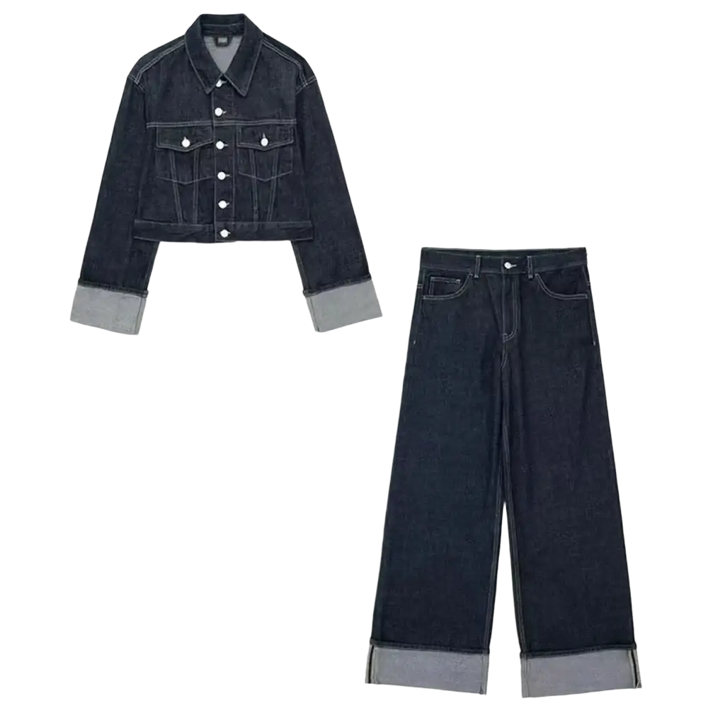 Denim outfit set featuring dark wash wide leg jeans and crop jacket with contrasting light gray cuffs and rolled hems