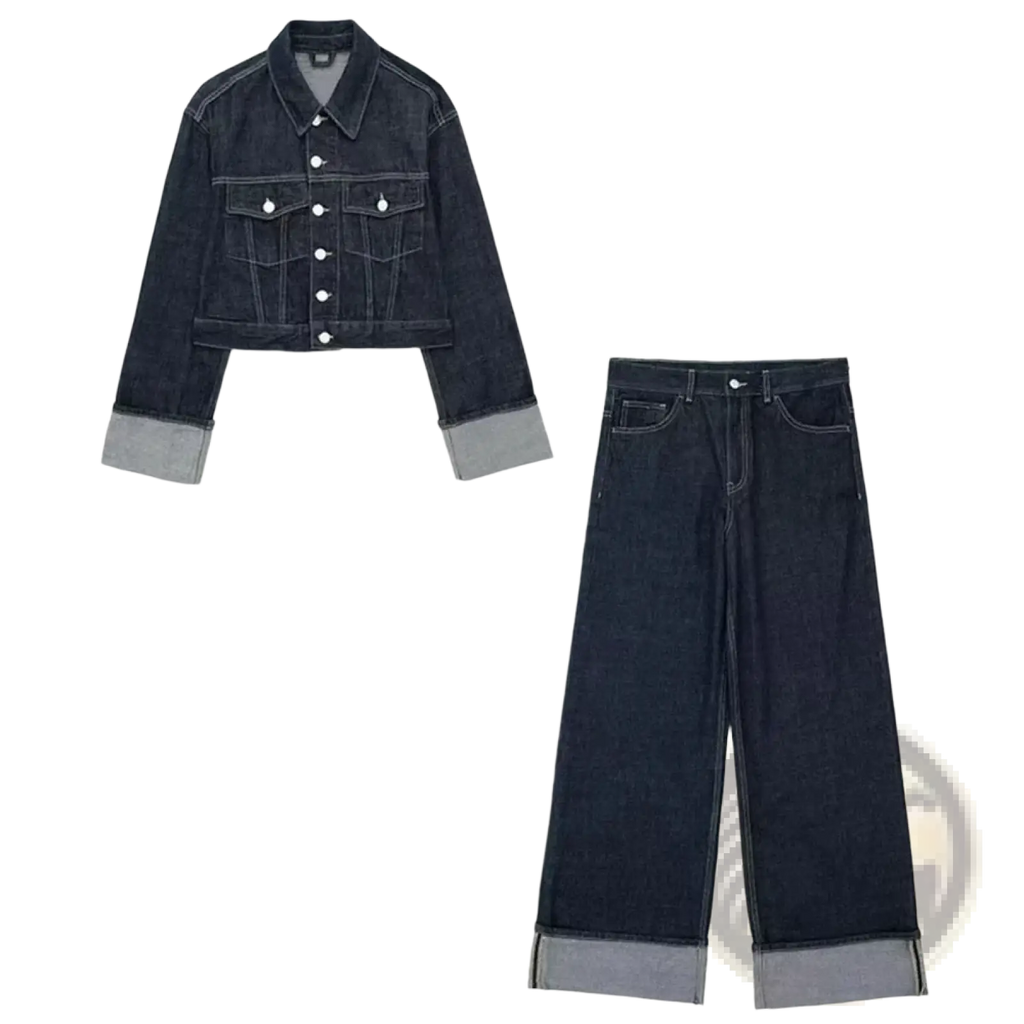 Denim outfit set featuring dark wash wide leg jeans and crop jacket with contrasting light gray cuffs and rolled hems