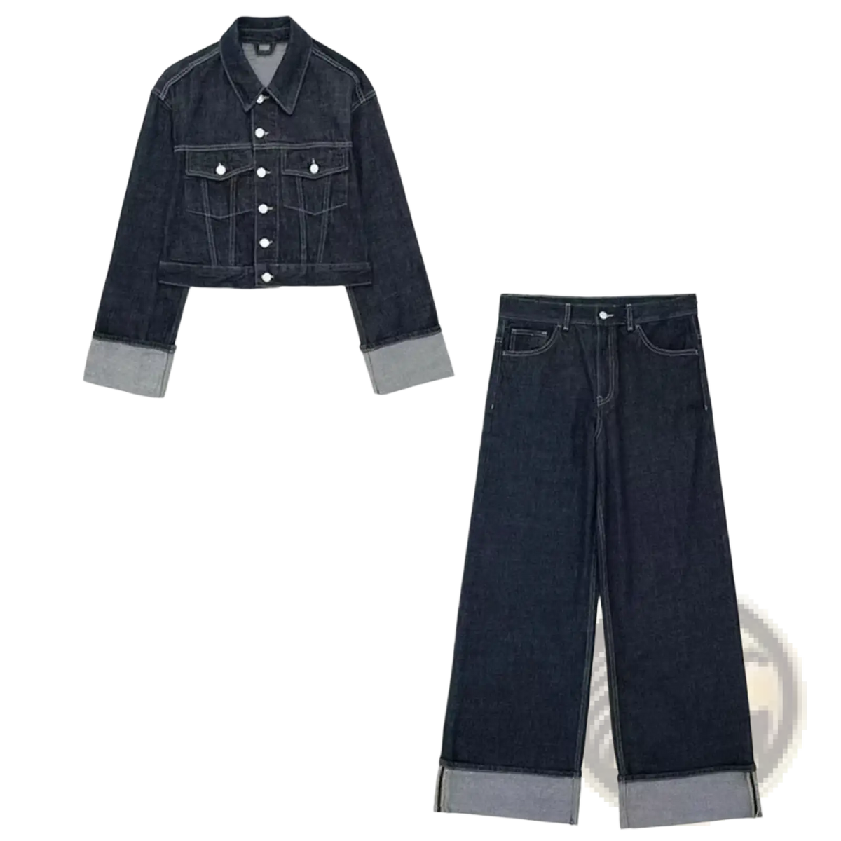 Denim outfit set featuring dark wash wide leg jeans and crop jacket with contrasting light gray cuffs and rolled hems