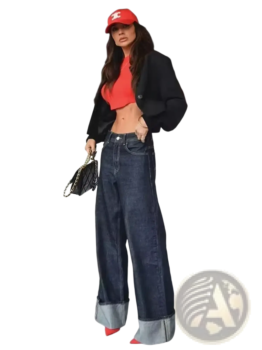 Red baseball cap with white embroidered logo complements denim outfit set vintage wide leg jeans and crop jacket