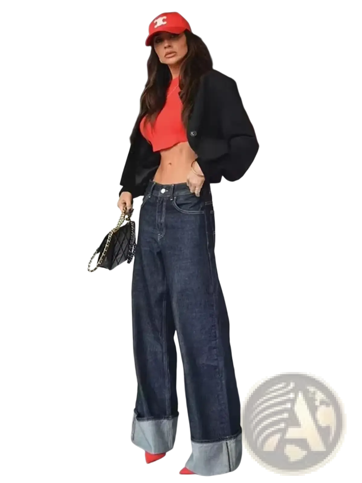 Red baseball cap with white embroidered logo complements denim outfit set vintage wide leg jeans and crop jacket