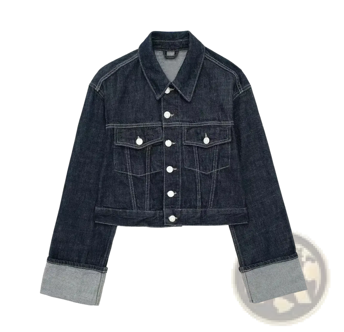 Dark indigo denim cropped jacket with light gray cuffs and white buttons in a vintage wide leg jeans outfit set