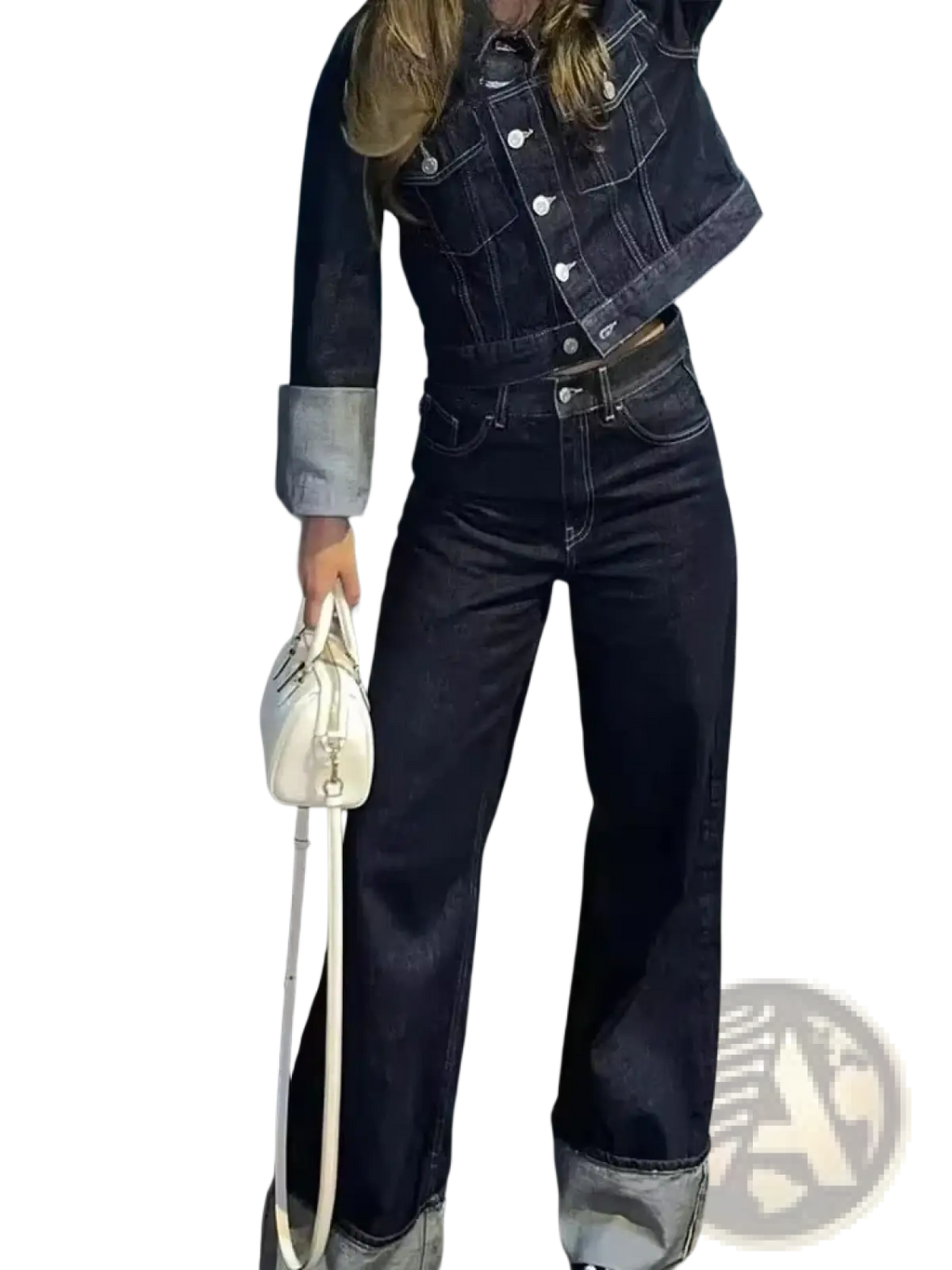 White leather mini handbag with long strap paired with denim outfit set featuring vintage wide leg jeans and crop jacket