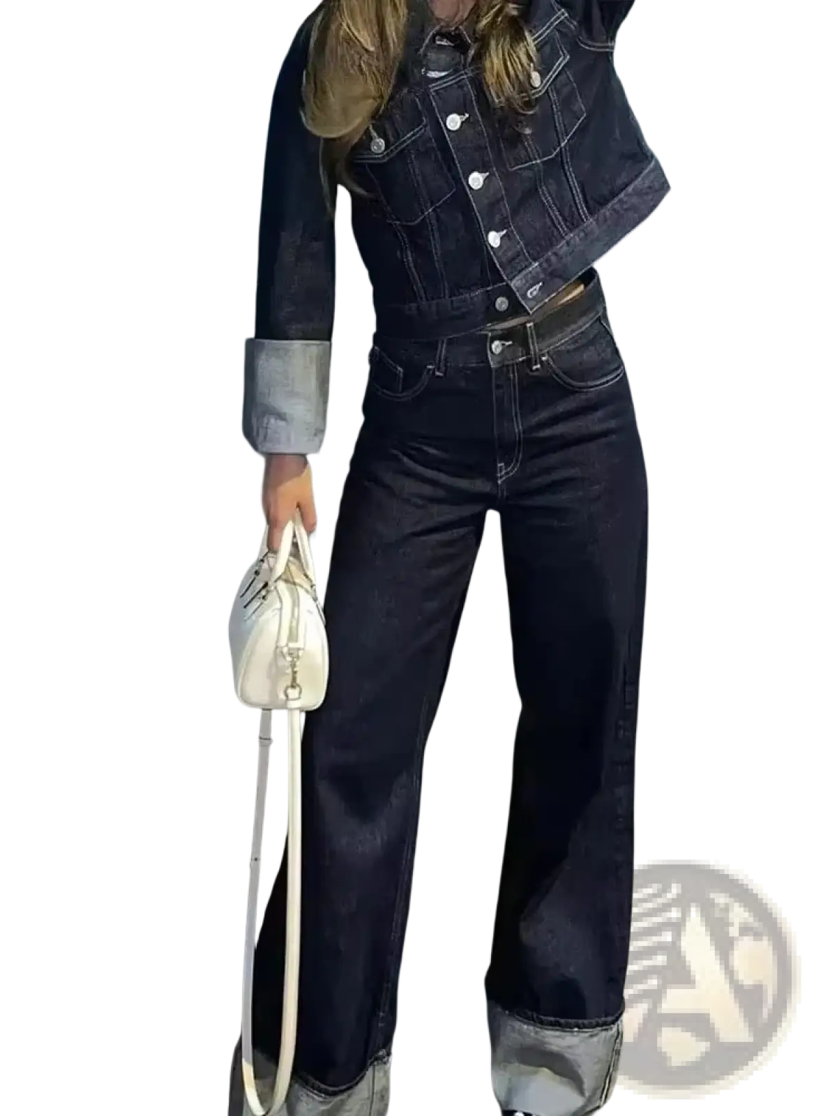 White leather mini handbag with long strap paired with denim outfit set featuring vintage wide leg jeans and crop jacket