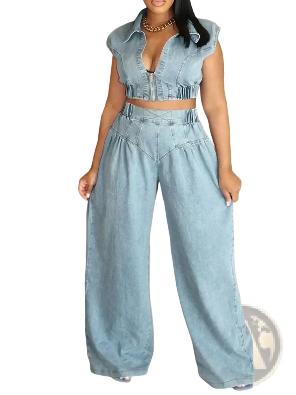 Light blue denim outfit set for women featuring a cropped top with ruffled sleeves and high-waisted wide-leg jeans