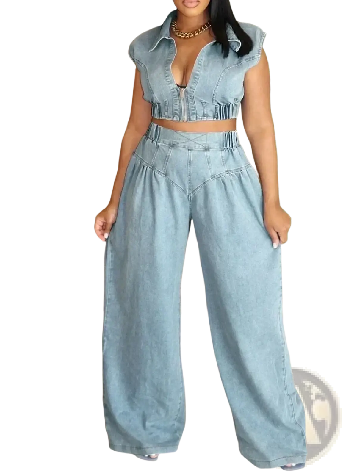 Light blue denim outfit set for women featuring a cropped top with ruffled sleeves and high-waisted wide-leg jeans