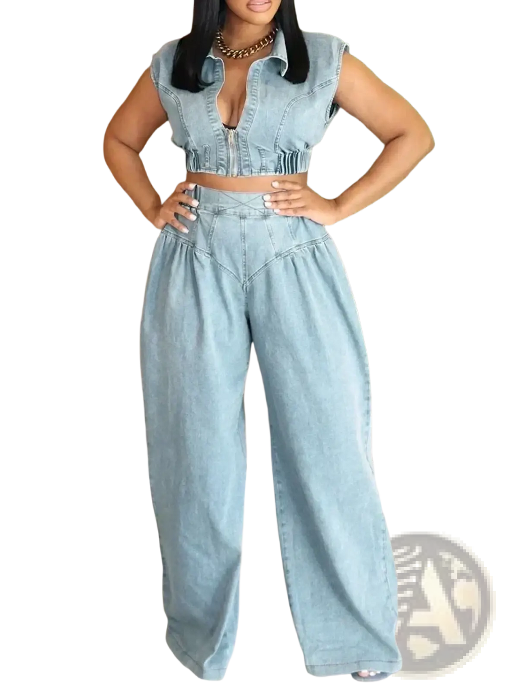 Light blue denim two-piece outfit for women with a cropped top and high-waisted wide-leg jeans
