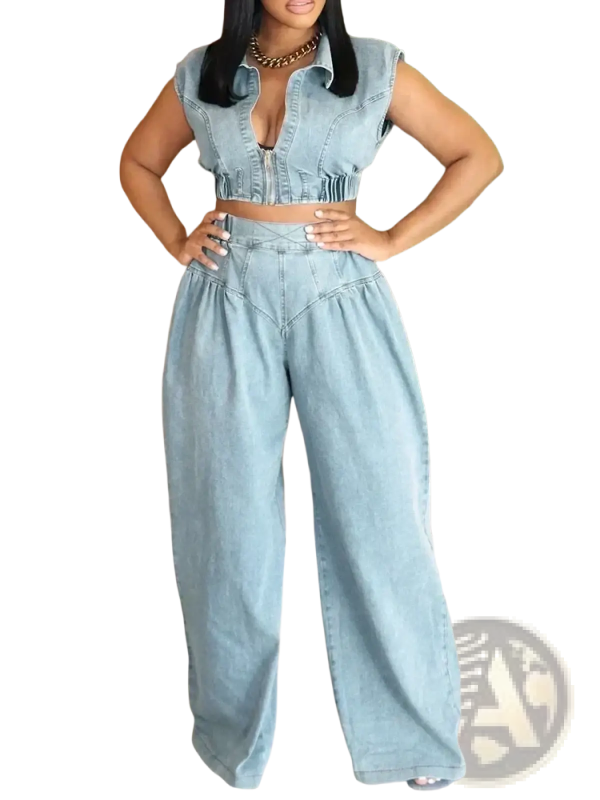 Light blue denim two-piece outfit for women with a cropped top and high-waisted wide-leg jeans