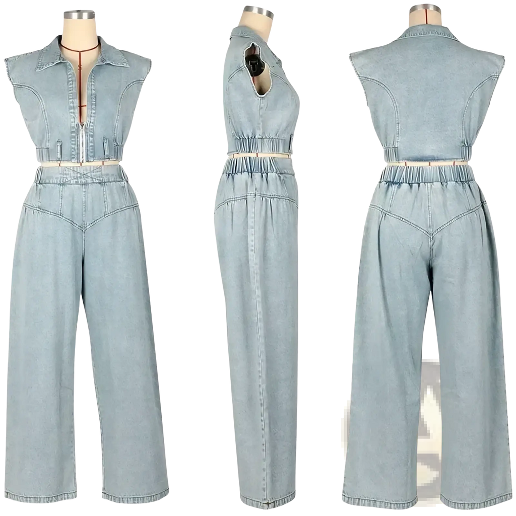 Light blue denim jumpsuit women two piece set with cropped top and wide leg jeans for casual wear