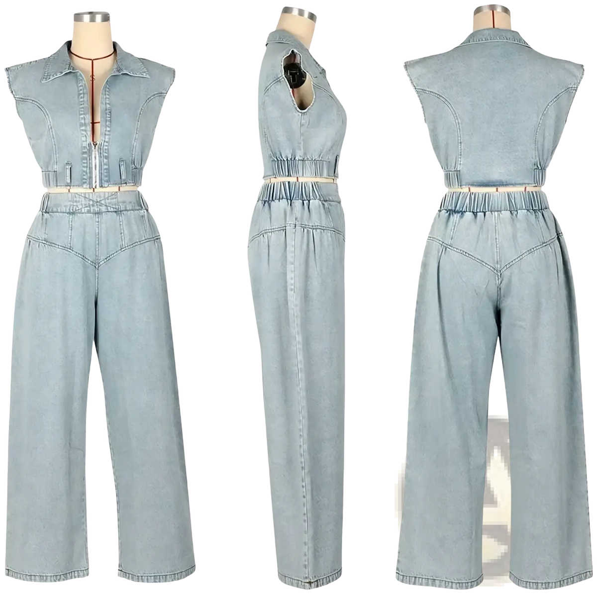 Light blue denim jumpsuit women two piece set with cropped top and wide leg jeans for casual wear