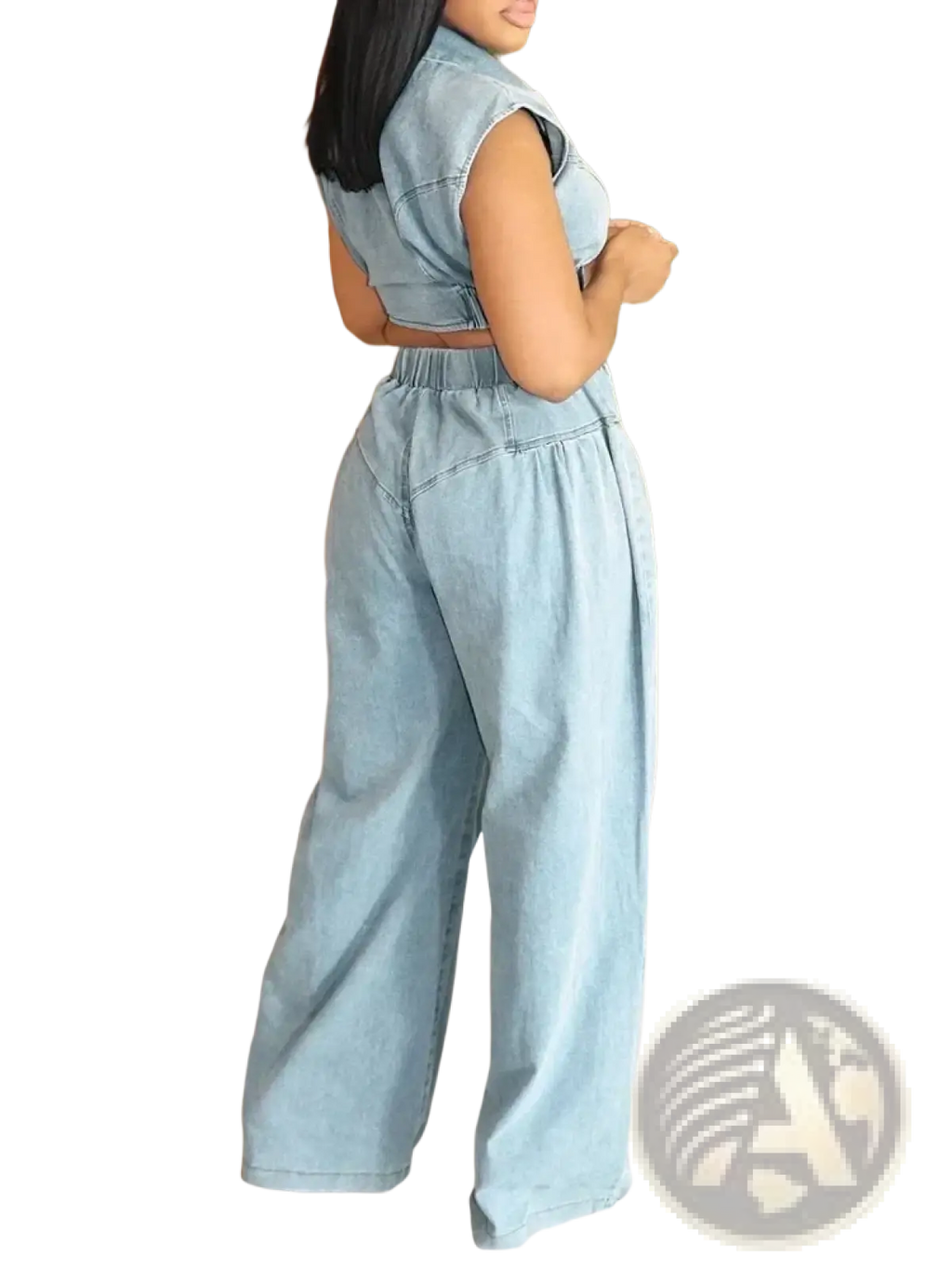 Light blue denim wide-leg pants with elastic waistband in a women’s two piece wide leg jeans outfit set