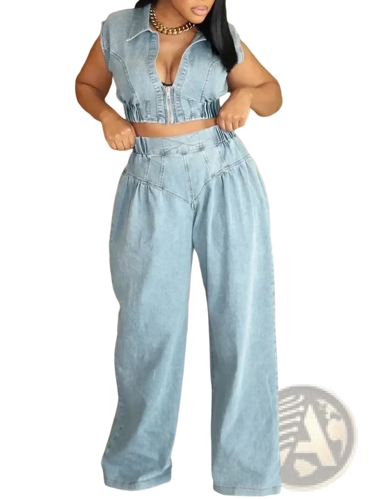Light-wash denim two-piece set with cropped sleeveless top zipper and ruched waistband paired with wide-leg jeans