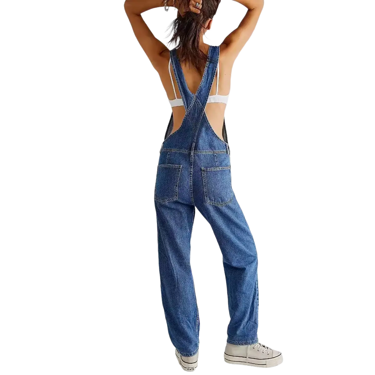 Blue denim overalls with a backless design and wide legs for loose casual wear women shown from the back side