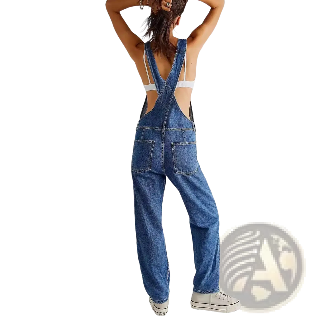 Blue denim overalls with a backless design and wide legs for loose casual wear women shown from the back side