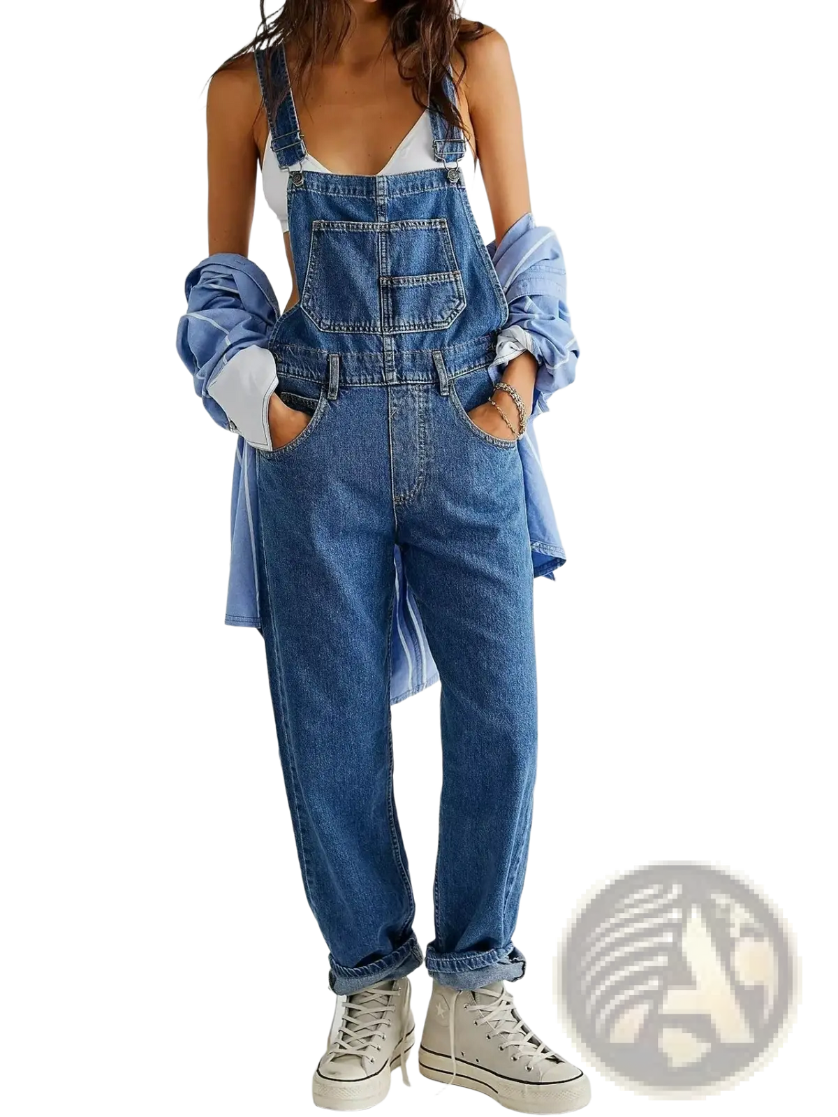 Blue denim overalls for women with a classic faded wash, sturdy stitching, and loose casual wide leg pants design